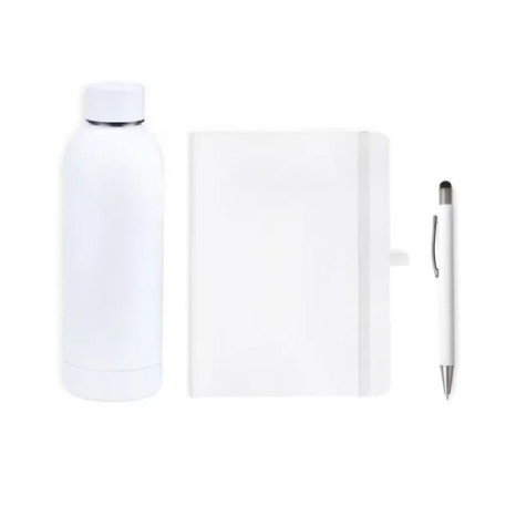 Kit Garrafa, Caderno E Caneta - Branco - 3 Pçs Personalizado