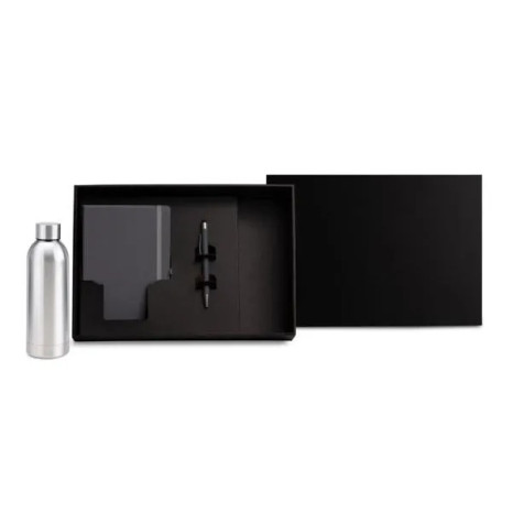 Kit Garrafa, Caderno E Caneta - Cinza/Prata - 3 Pçs Personalizado